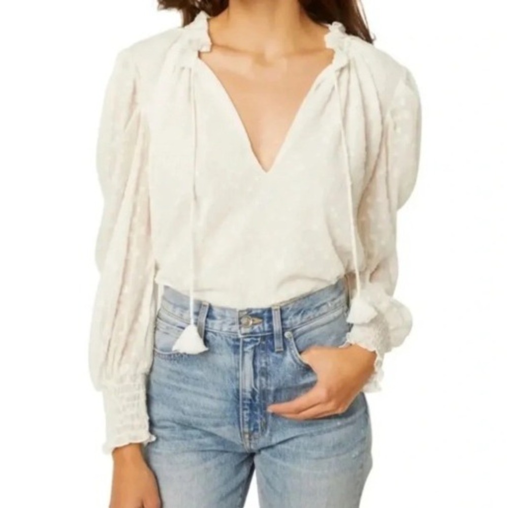 MISA Los Angeles Siena Clip Dot Blouse Size L  Pearl White Boho‎ Peasant Top